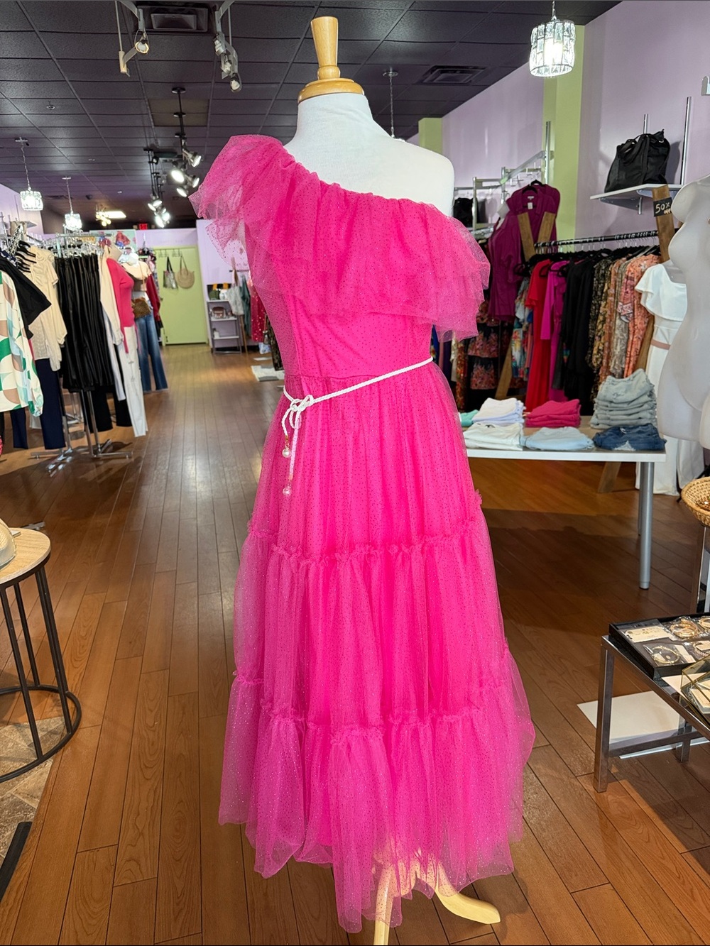 Flying Tomato Hot Pink One-Shoulder Tulle Tiered Wedding Dress